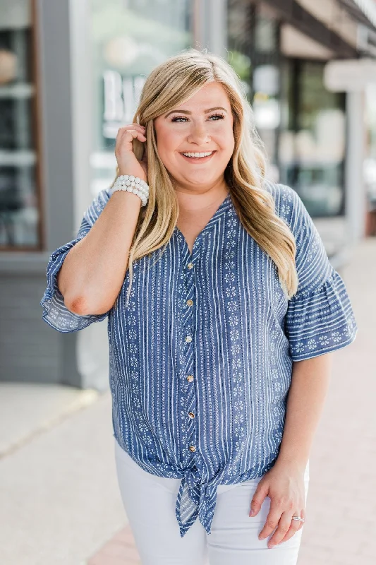 Trendy Pulse Take Me To The Tropics Front Tie Top- Blue