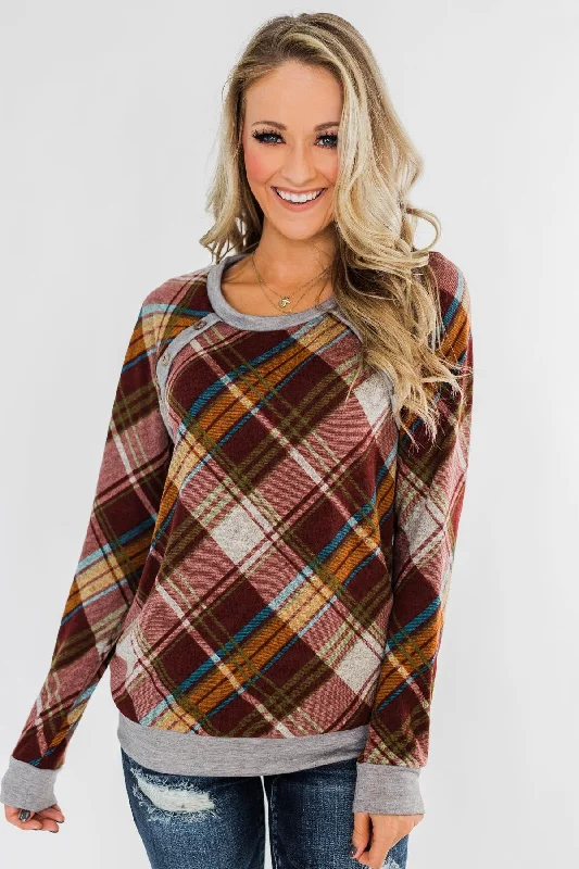 Relaxed Style Deals Seasons Change Plaid Button Top- Dark Rust & Grey