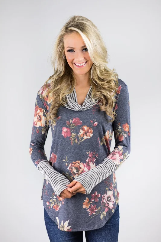 Smart Casual Deals Blue Floral Cowl Neck Top