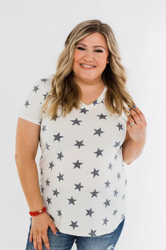 Upgrade Your Wardrobe For Less Stunning Stars V-Neck Print Top- Ivory & Navy