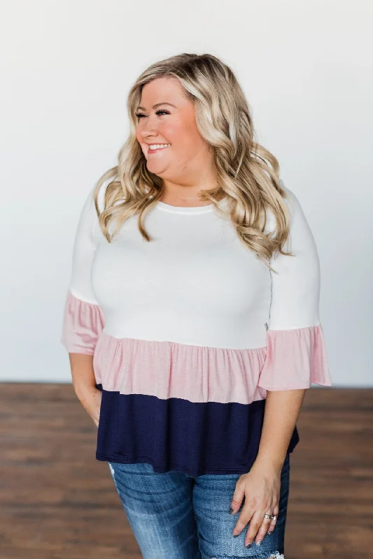 Latest Fashion Believe In Magic Ruffle Top- Ivory, Blush, & Navy