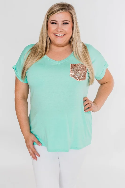 Stylish Statements Attracted To You Sequin Pocket Top- Aqua