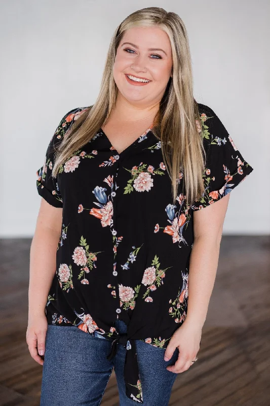 Fashion Forward, Function First Looking Fine in Floral Tie Top- Black