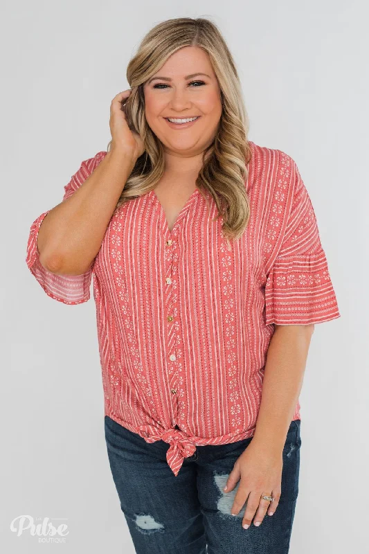 Limited Stock, Unlimited Style Take Me To The Tropics Front Tie Top- Grapefruit