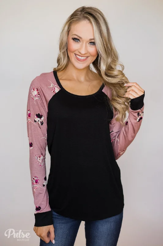 Step Ahead, Lead The Trend Midnight Wishes Long Sleeve Floral Top- Black & Mauve