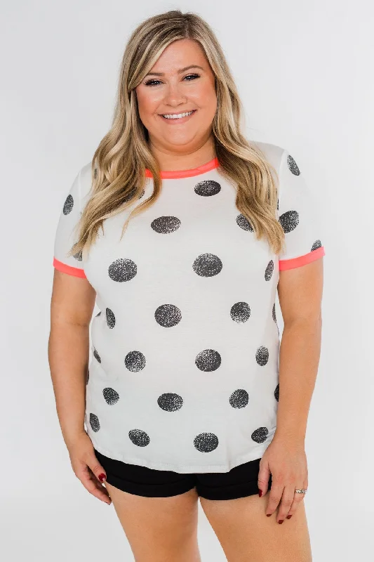 Gift Ideas Faded Polka Dot Short Sleeve Top- Ivory & Hot Pink