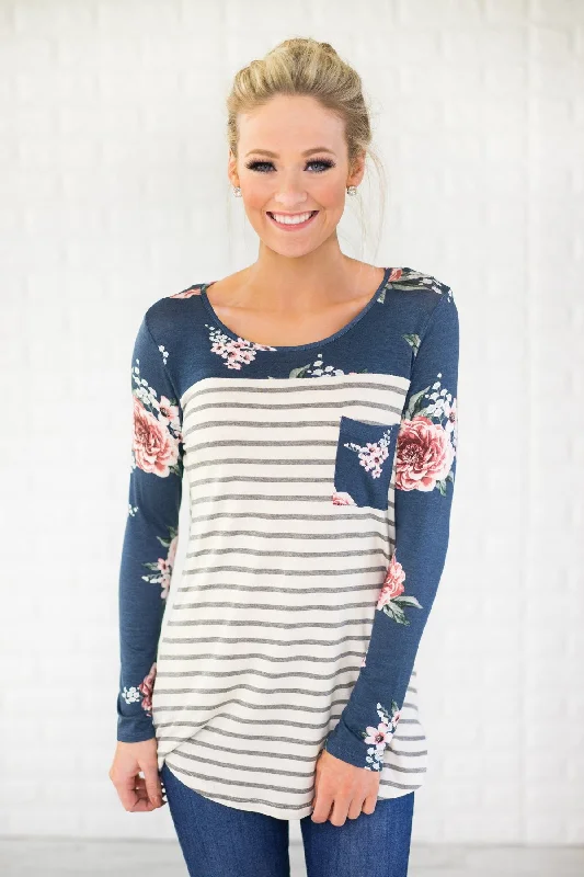 Fashionista Sale Make You Mine Floral & Stripes Pocket Top