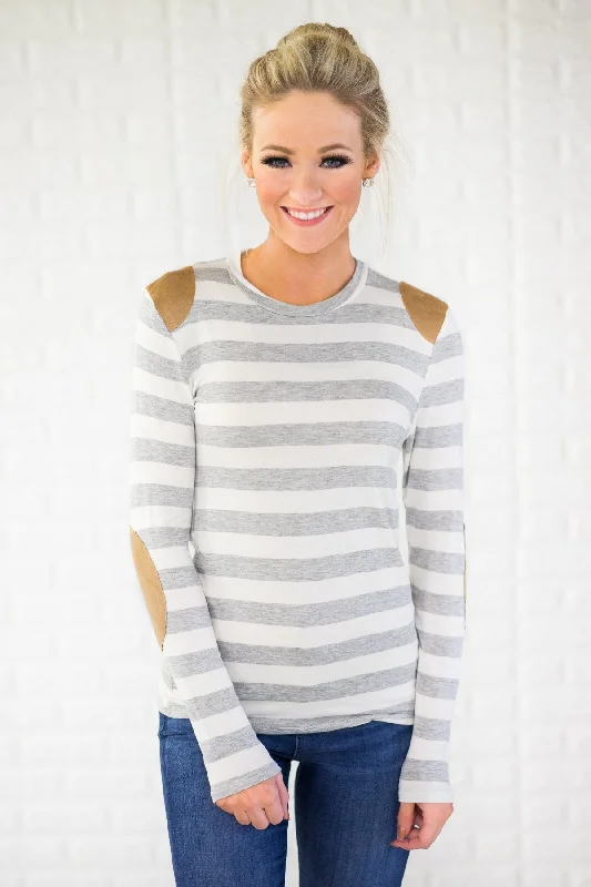 Statement Fashion Offers Grey Striped Elbow Patch Top