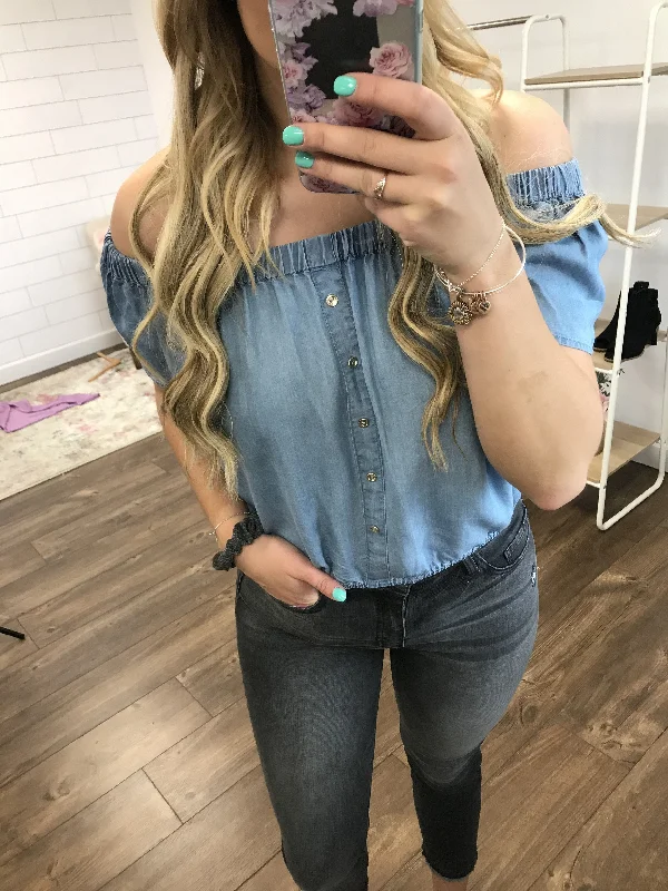 Easy Elegance Sales Off the Shoulder Denim Button Top- Light Wash