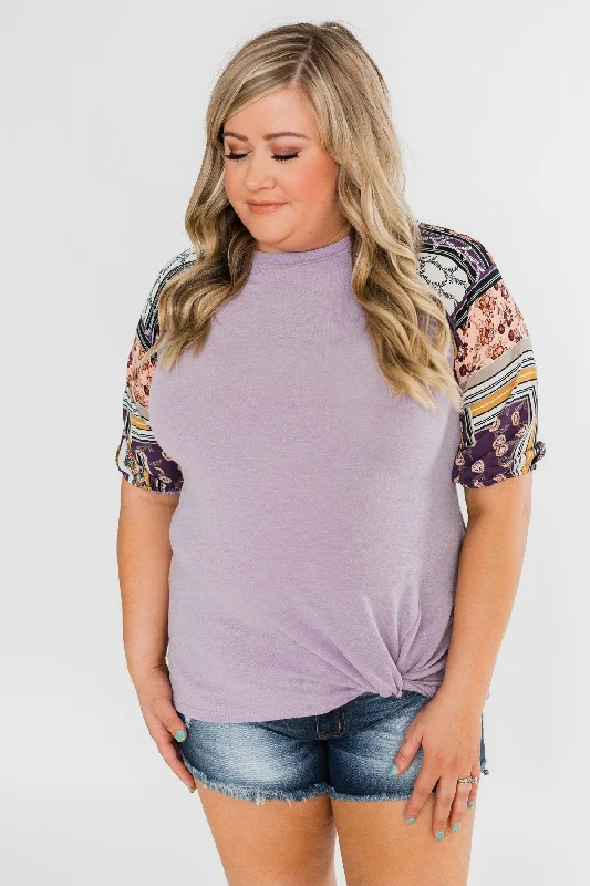 Top Picks At Markdown Prices Keep Walking On Printed Sleeve Top- Lilac