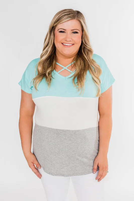 Savings That Make A Statement Right Here Criss Cross Color Block Top- Aqua