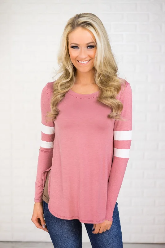 Don't Miss Out On These Must-Have Deals Varsity Blues Striped Top ~ Mauve