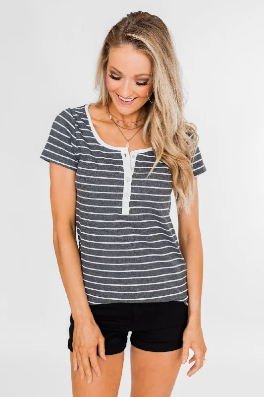 Best Sellers Basic Stripe 4 Button Top- Grey & Ivory