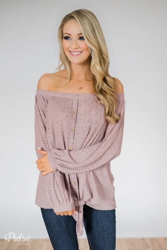 Trendy Looks On Sale Thermal Off the Shoulder Button Top- Dusty Mauve