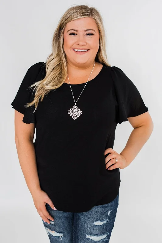Weekend Exclusive Ruffle Sleeve Keyhole Back Top- Black
