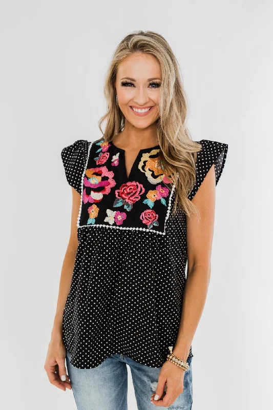 Mega Sale Floral Embroider & Polka Dot Top- Black