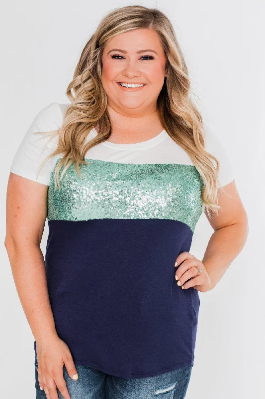 Stock Up On Your Favorites While It Lasts Part Of Your World Sequin Top- Teal Green & Navy