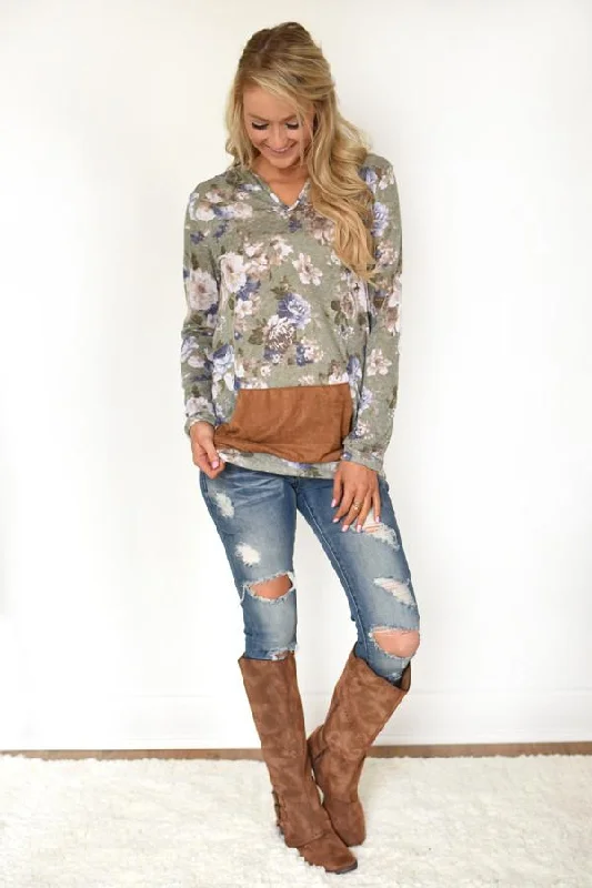 Vibrant Style Promotions Floral Hoodie Top ~ Light Olive