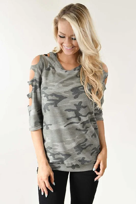Bold Style Discounts Camo Cut Out Sleeve Top