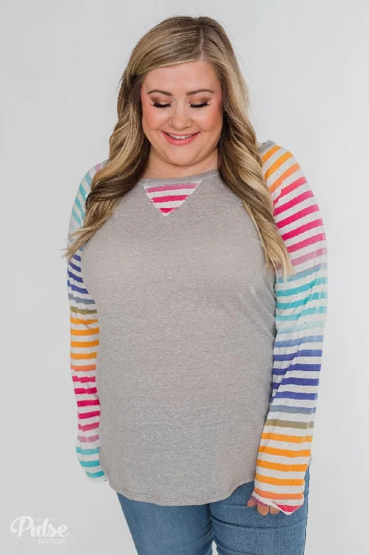 Flash Sale – Shop Before It Ends Multi-Colored Striped Sleeve Raglan Top- Grey