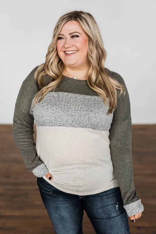 Holiday Glam Fall Fever Color Block Top- Olive, Heather Grey, & Cream