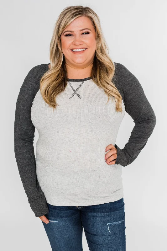 Classic Chic Deals Greetings to You  Ribbed Top- Grey