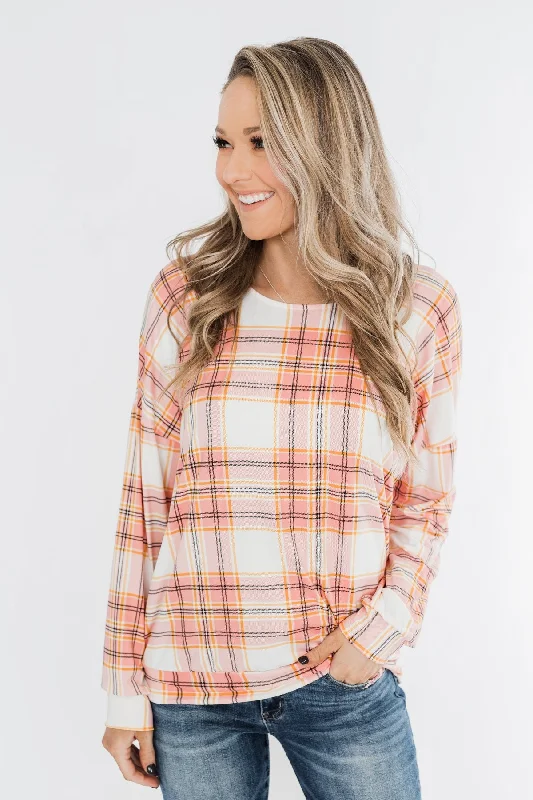 Clearance Sale, All Cheap Hey Girl Plaid Criss Cross Top- Pink, Orange, & Ivory
