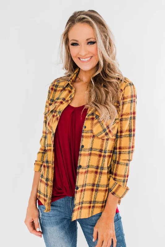 Fashion Sale I've Been Told Long Sleeve Plaid Top- Mustard