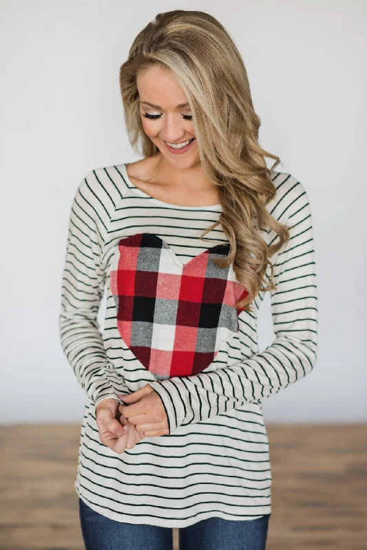 Cozy Chic Promotions Still On Your Mind Plaid & Stripes Heart Top