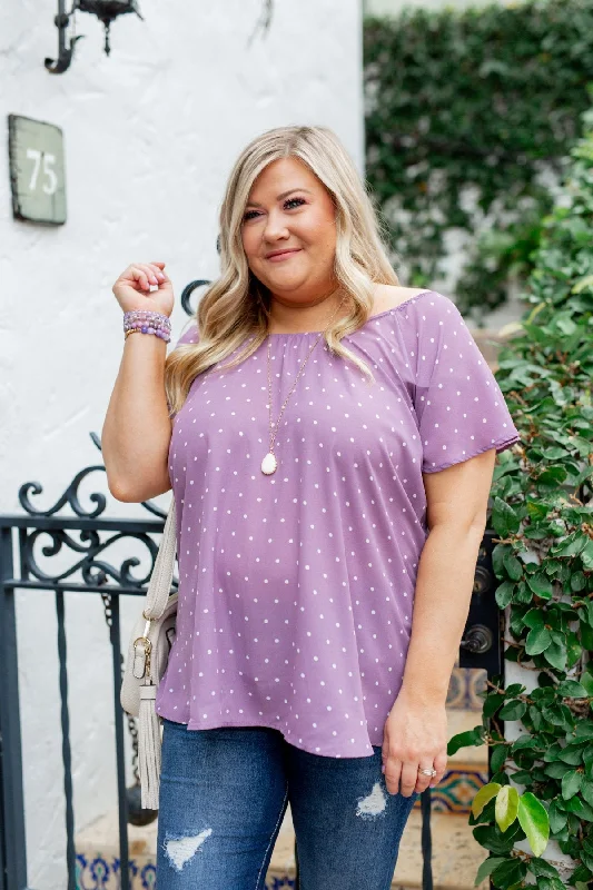 Big Savings, Bigger Style In The Spot Light Polka Dot Top- Dusty Purple