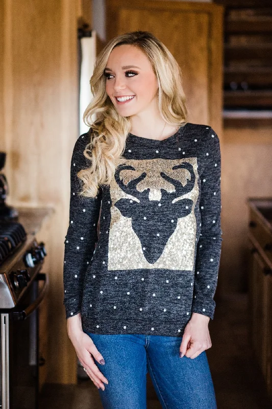 Hot Sale Charcoal Polka Dot & Reindeer Top