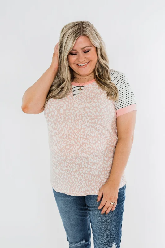 Elevated Casual Discounts Stripes & Animal Print Color Block Raglan Top- Blush