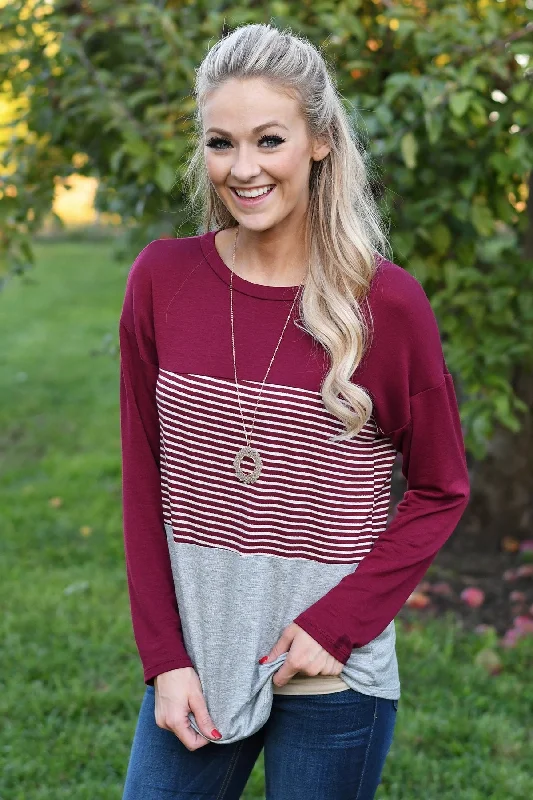 Chic Style, Always In Vogue Burgundy Striped Colorblock top