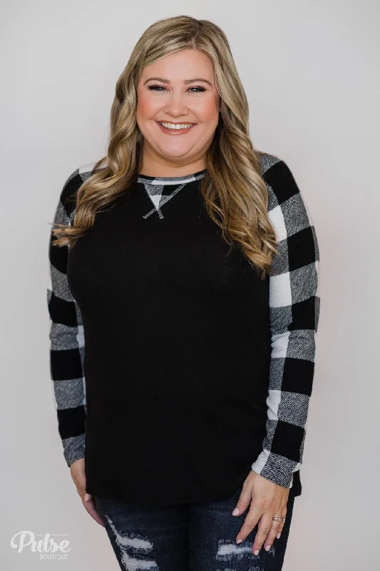 Trend Forward Threads Checkered Sleeve Raglan Top- Black & White