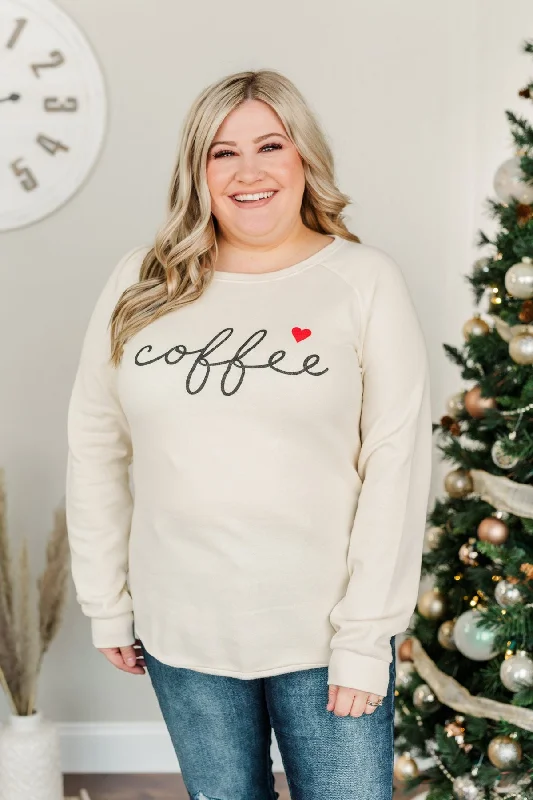 Limited Stock – Hurry Before It'S Gone "Coffee" Graphic Pullover Top- Beige