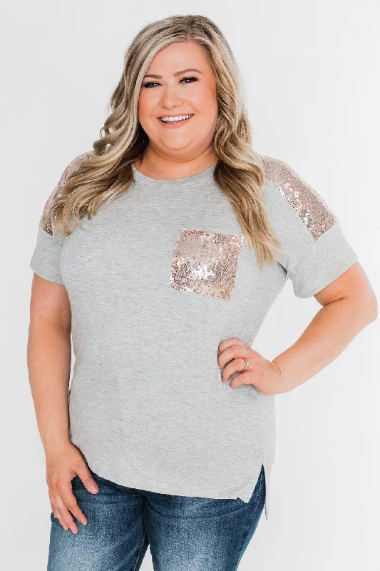 End-Of-Week Clearance Event Heart Of Gold Sequin Pocket Top- Heather Grey