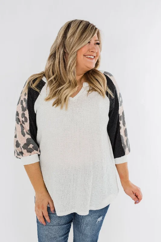 Spring Offer Leopard Sleeve Waffle Notch Top- Ivory, Charcoal, Blush