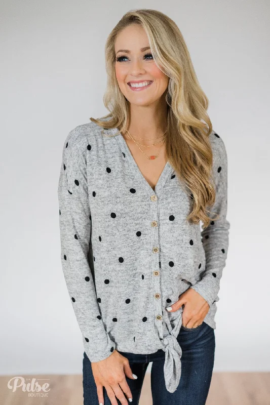 Timeless Style Promotions Happy Ending Polka Dot Knot Top- Heather Grey