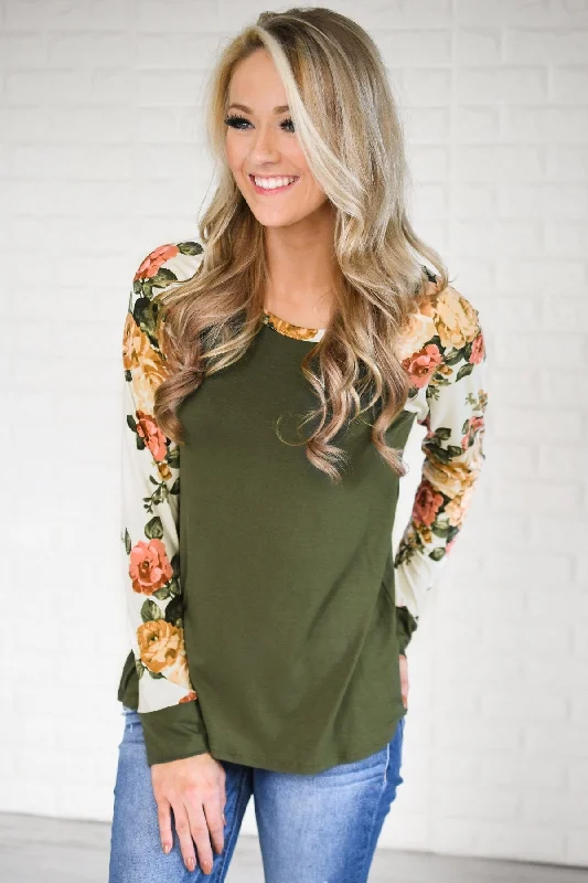 Budget Friendly The One for Me Floral Sleeve Olive Top
