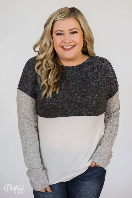 Special Savings Just For You Can't Get Enough Color Block Top- Charcoal, Grey, Ivory