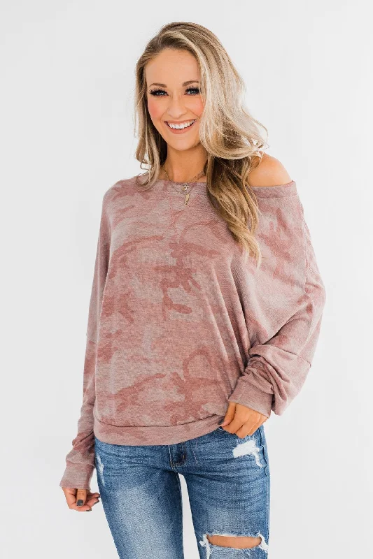 Luxe Fashion, Less Cost Camo Crew Neck Top- Pink & Grey