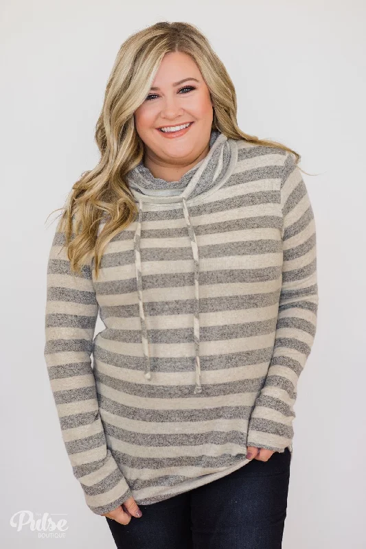 Trend Alert Striped Cowl Neck Top- Grey & Oatmeal