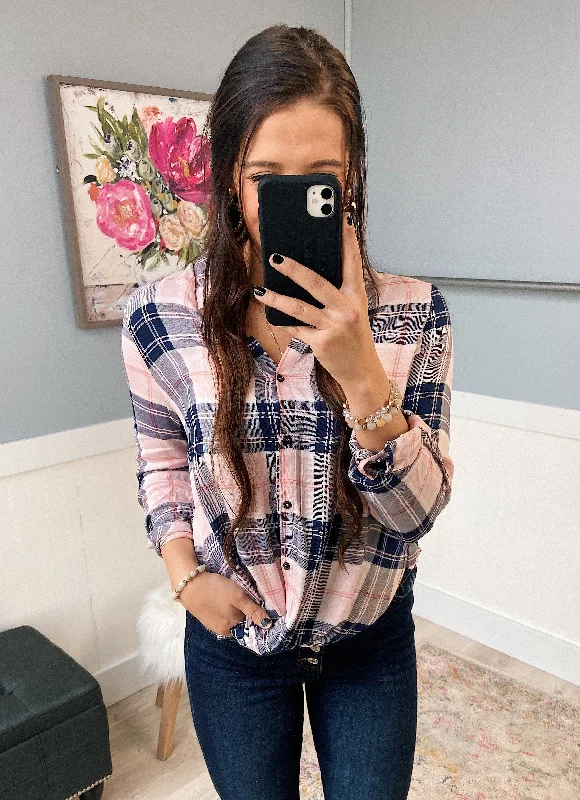 Exclusive Sale Front Twist Plaid Top- Pink & Navy