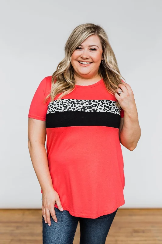 Best Deals Of The Season Brighten Your Day Leopard Stripe Top- Deep Coral