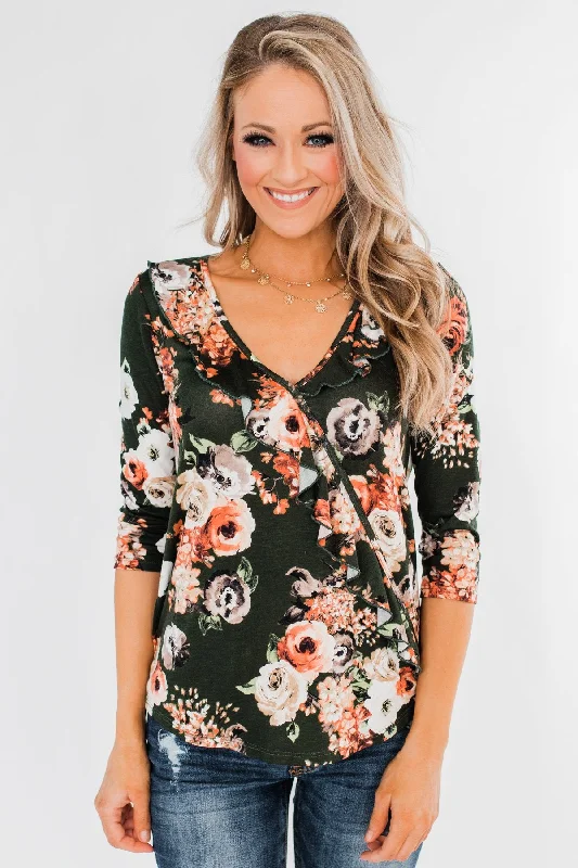 Fashion Frontiers Good As You Floral and Ruffle 3/4 Sleeve Top- Olive
