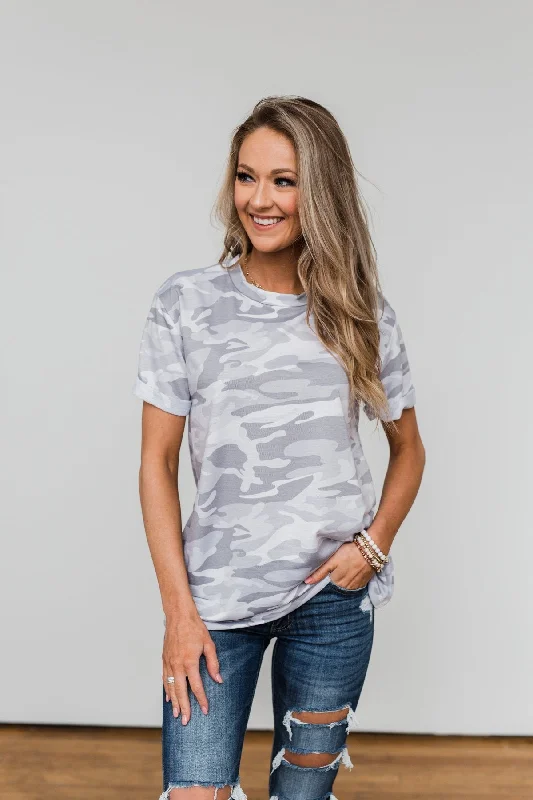 Grab The Hottest Deals Before They Disappear Catching Up With You Camo Top- Grey