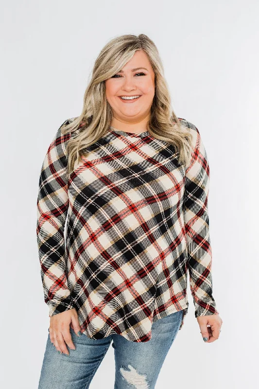 Lowest Prices This Weekend – Don't Miss Out Meet Me Under The Mistletoe Plaid Top- Cream, Black, & Red
