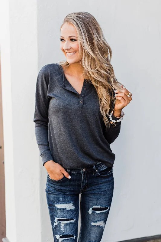 Your Next Fashion Find Is On Sale Cozy & Warm 4 Button Henley Top- Dark Grey