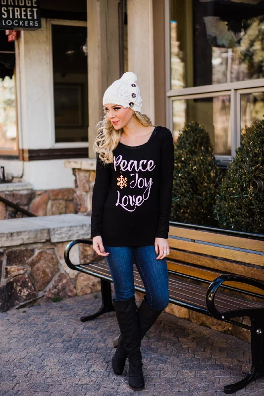 Refresh Your Wardrobe At A Fraction Of The Cost Peace, Joy & Love Long Sleeve Black Top