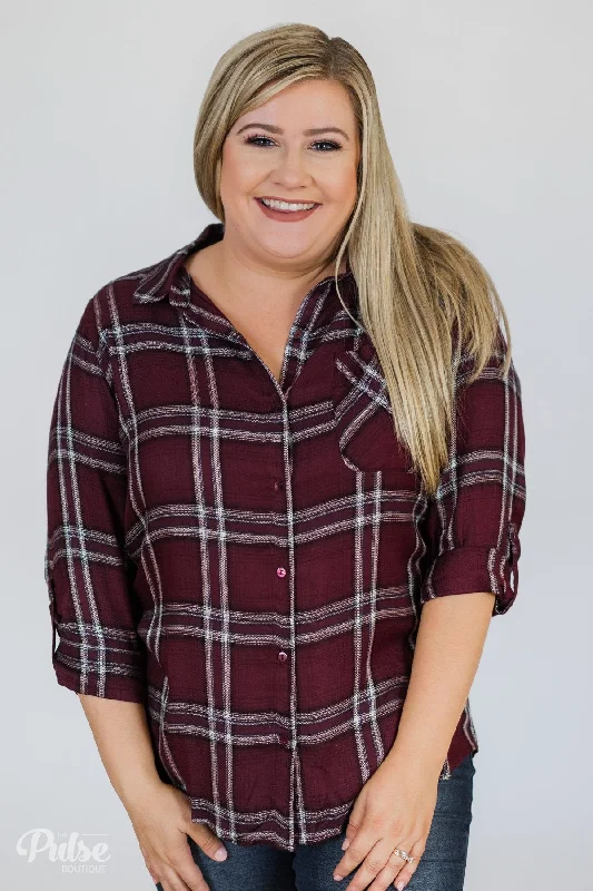 Weekend Price Drop – Shop Before It'S Gone Easy Going Button Up Plaid Top- Plum